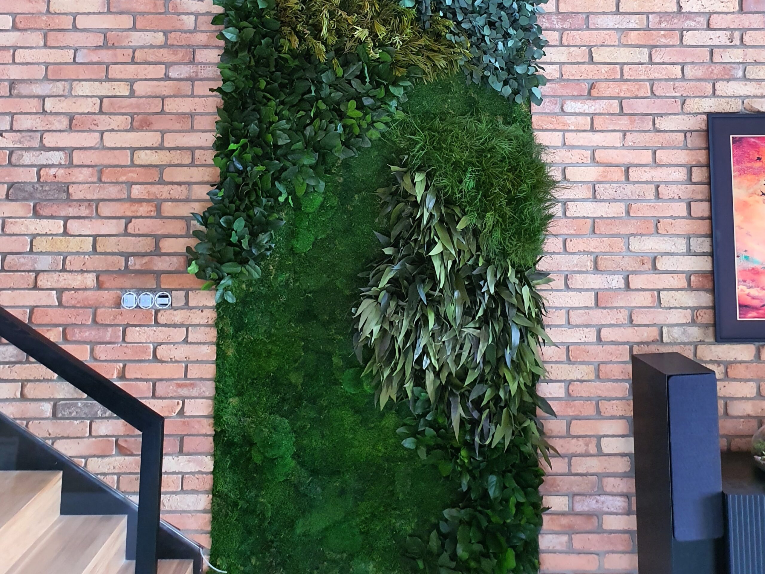 Ściana w salonie pokryta mchem i innymi roślinami stabilizowanymi. 